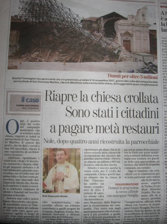 articolo su La Stampa sulla riapertura della chiesa crollata a Nole